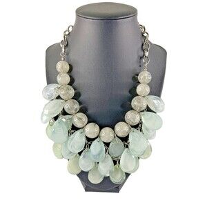 STATEMENT NECKLACE Seafoam Teardrop Beads Gray Round Bold Layered Silver Chain